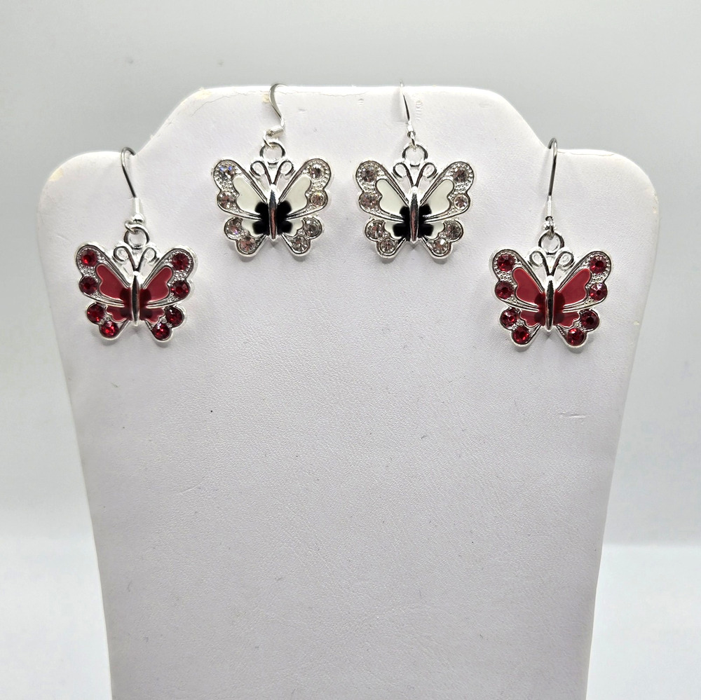 Butterfly Earrings Red White Rhinestone Silvertone Pierced Cute Dainty 2 Pairs
